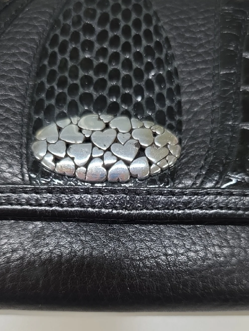 Brighton Leather Trifold Checkbook Wallet, Textured Black Silver Hearts